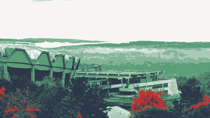 Dithered image of the Ruhr uni campus with both nature and concrete buildings rendered green